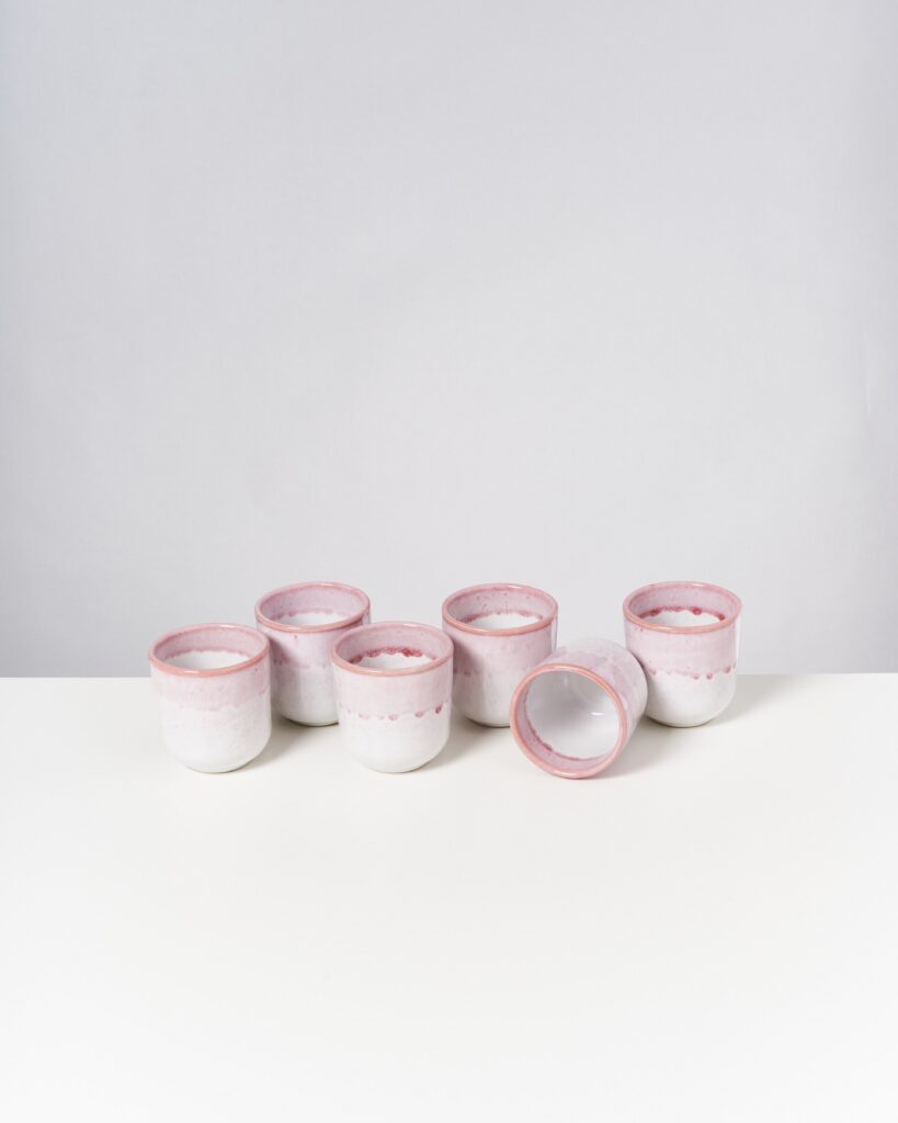 Small Pink White Ceramic Cup Set of Six